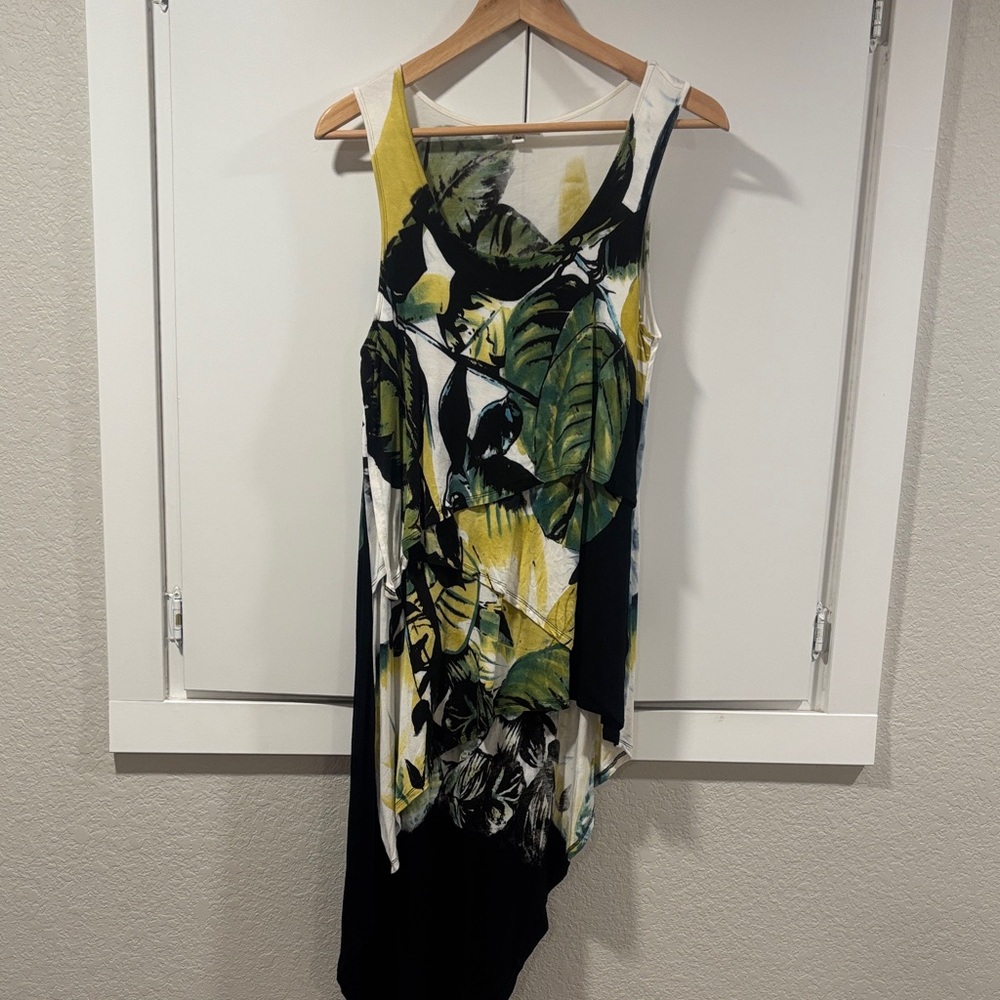 Adore Asymmetrical Dress with Leaf Print in Green and Yellow